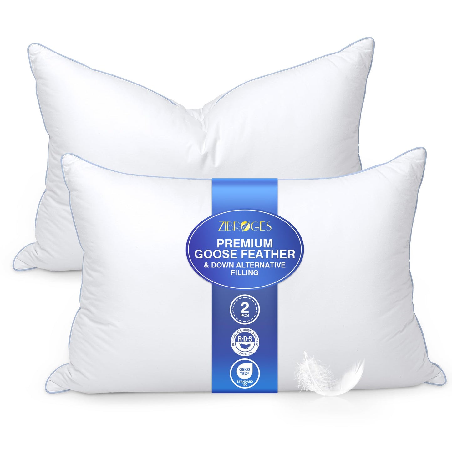 zibroges Goose Feather Bed Pillow King Size Set of 2- Hotel Pillows, Soft 600 Thread Count Cotton Cover, Fluffy Support Surround Fill Polyester for Back, Stomach, Side Sleepers