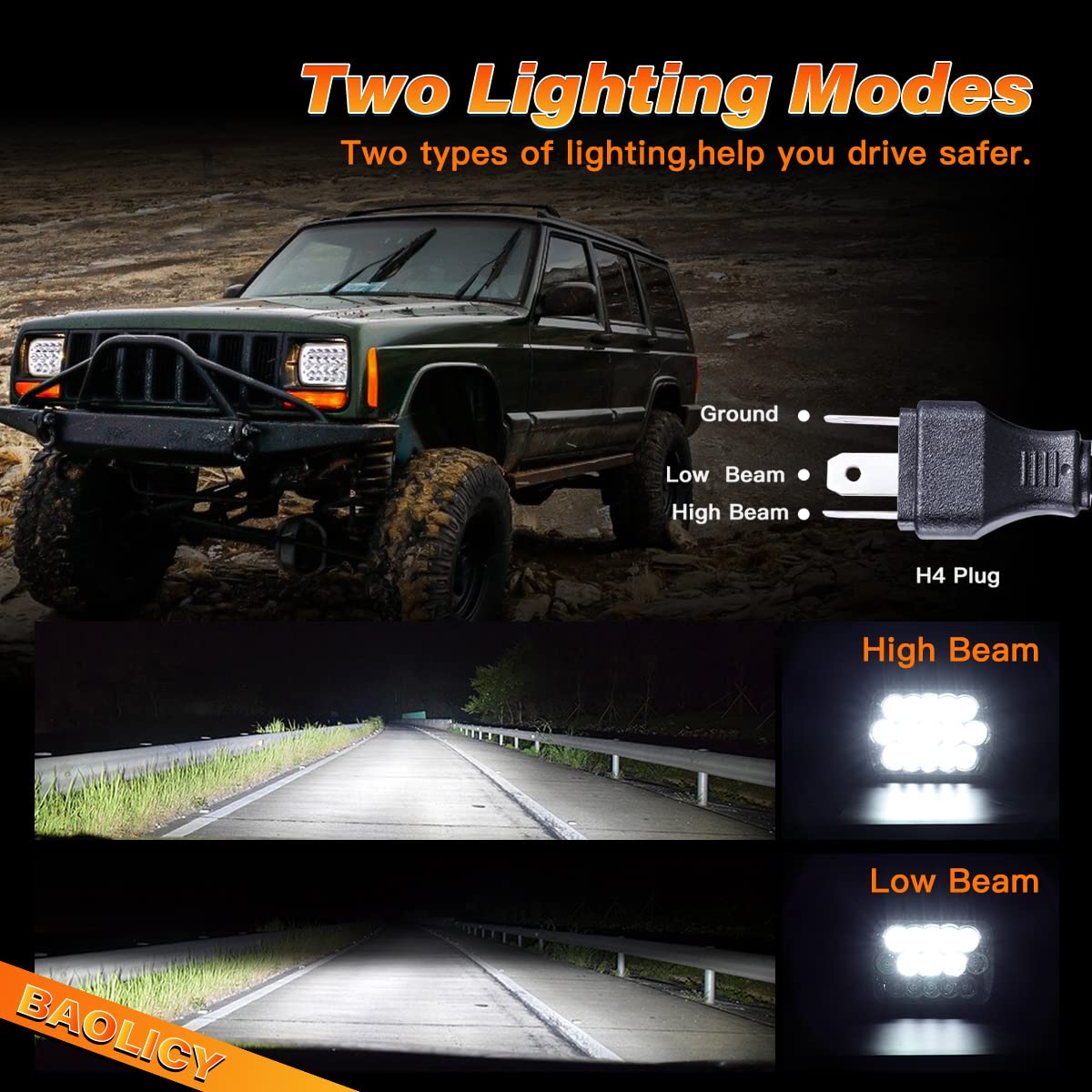 BAOLICY 5x7 H6054 LED Headlights DOT Approved Rectangular 2PCS 45W Hi/Low Sealed Beam 7x6 H6052 6054 H5054 H6054LL 69822 Head Lights for XJ YJ Chevy S10 Blazer Ford Probe Truck Van