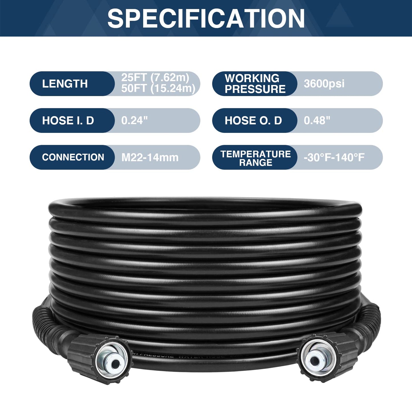 DERASL High Pressure Washer Hose, 50FT, 3300PSI, M22-14mm Female Thread on Both Sides, Torsion Resistant, Replaces Most Brands of Power Washer Hose
