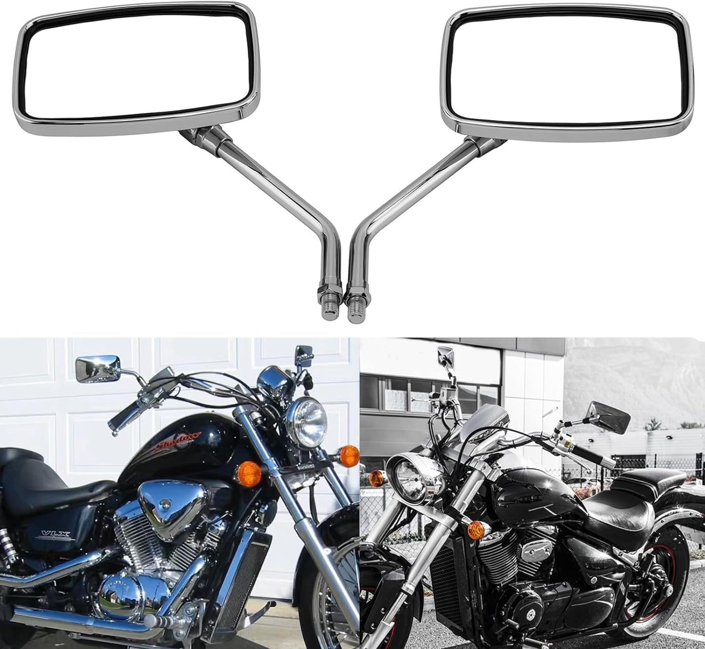 YOUNDERM 10MM Chrome Motorcycle Rectangle Handlebar Rearview Side Mirrors for Honda Sports Bike Suzuki Cruiser Scooter Aprilia Street Bike