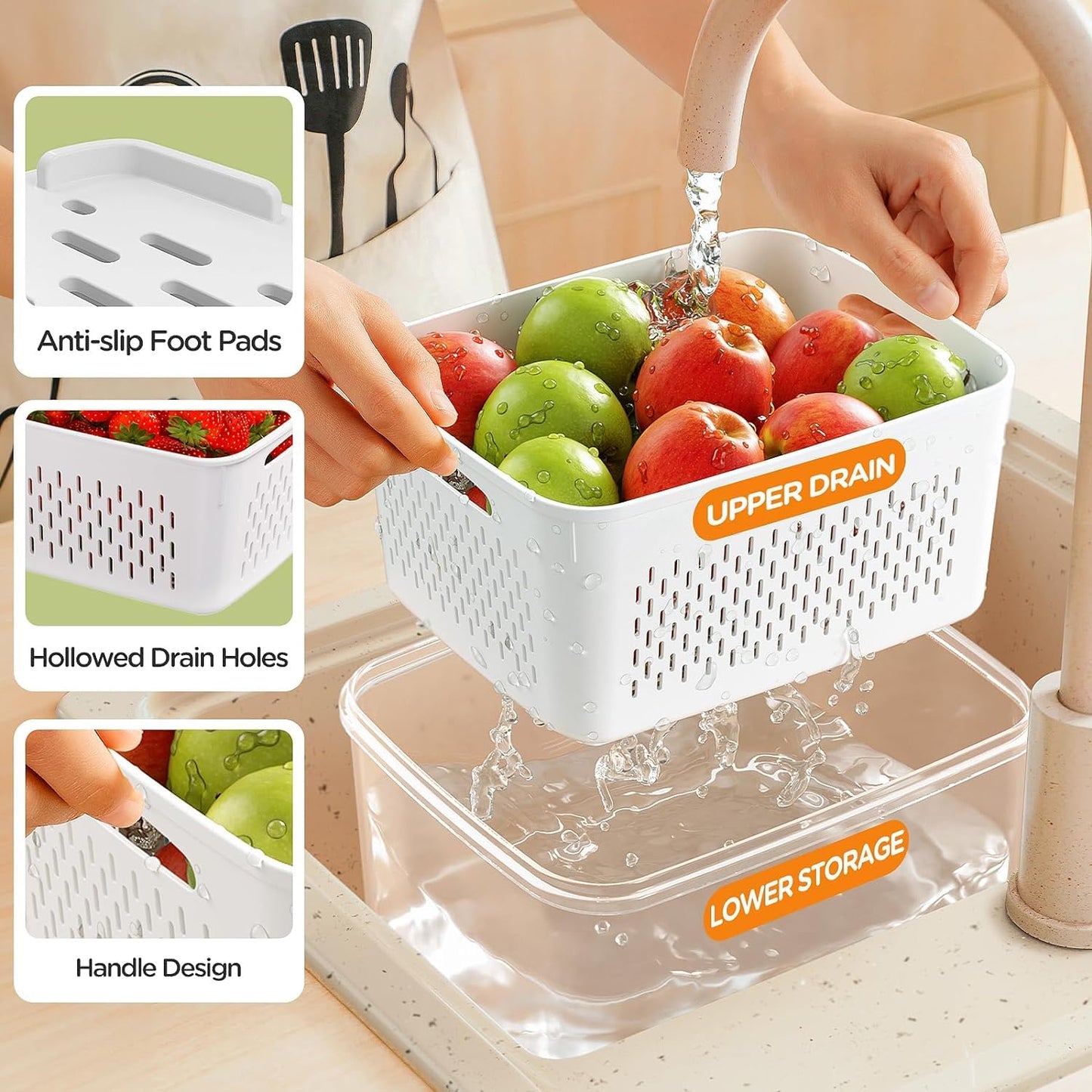 JSCARES 5-Pack Fruit Storage Containers for Fridge with Removable Colanders, 5 in 1 Plastic Fresh Saver Containers BPA Free with Lid for Salad Berry Lettuce Vegetables Meat Keeper (5 Pack)