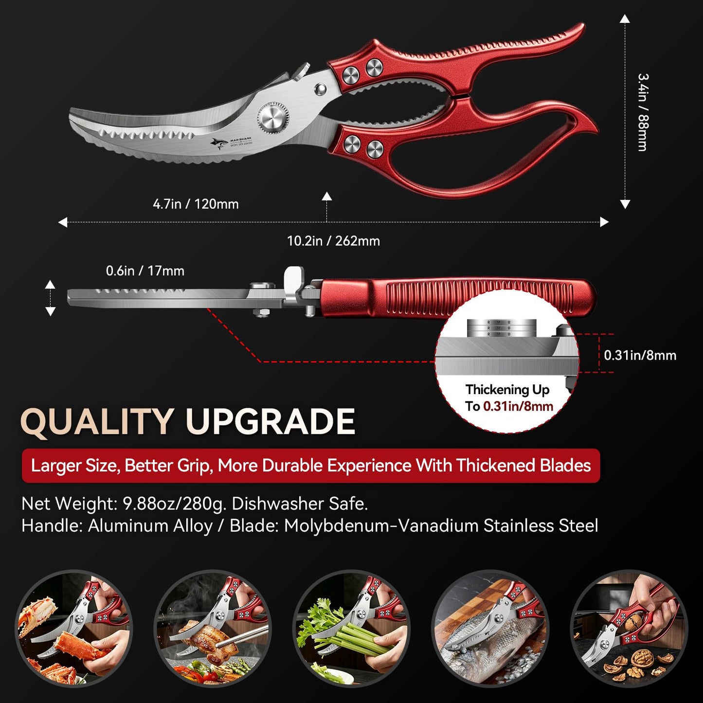 MAD SHARK Heavy Duty Poultry Shears, Kitchen Shears with Non-Slip Handle & Safety Lock, All Purpose Kitchen Scissors for Chicken, Meat Cutting, Turkey, Fish, Vegetables, Spring Loaded (Red)
