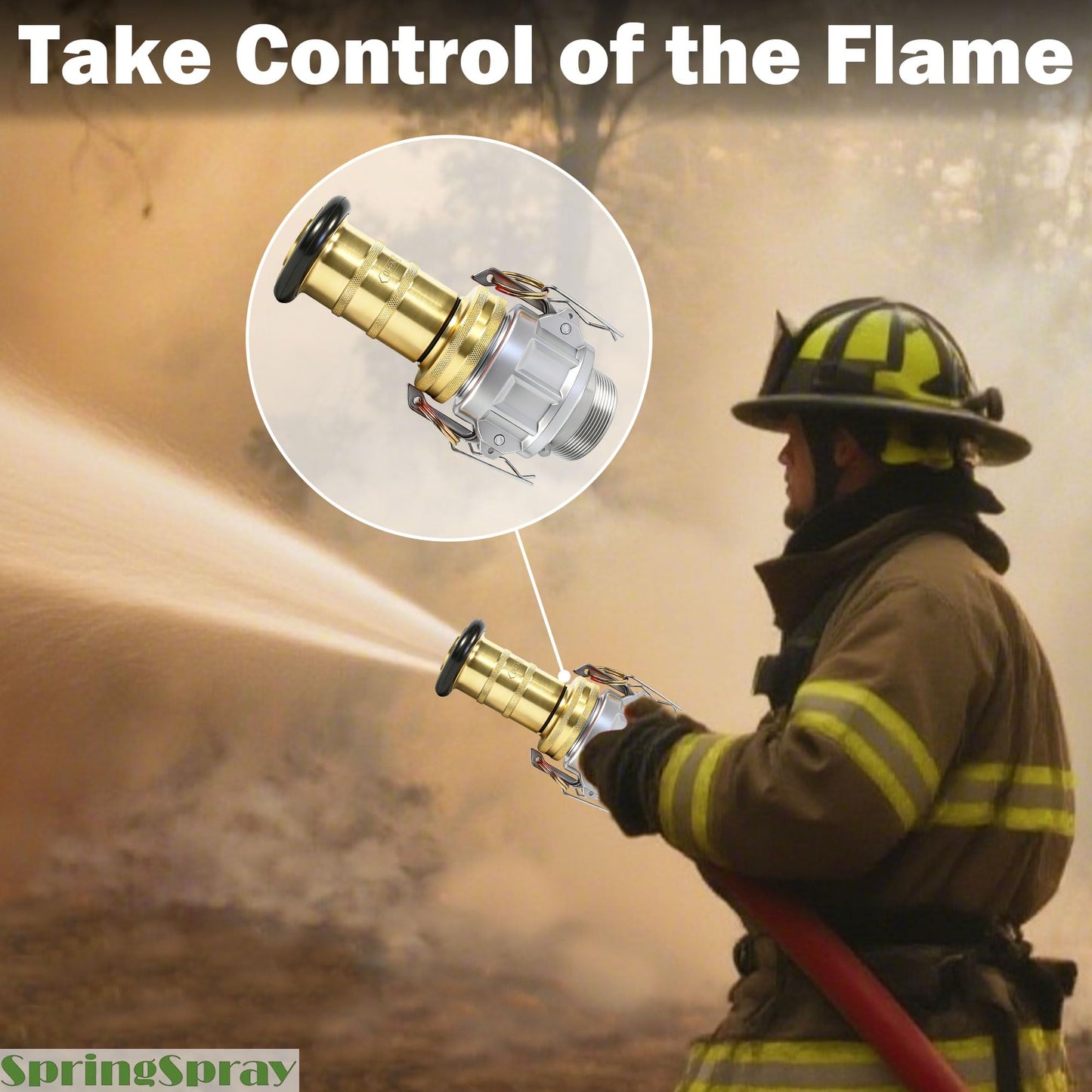 SpringSpray 2" NPSH Brass Industrial Fire Hose Nozzle with 2 x Aluminum 2 inch Camlock Fittings Couplings Fire Equipment Constant Flow Heavy-Duty Fog Nozzle