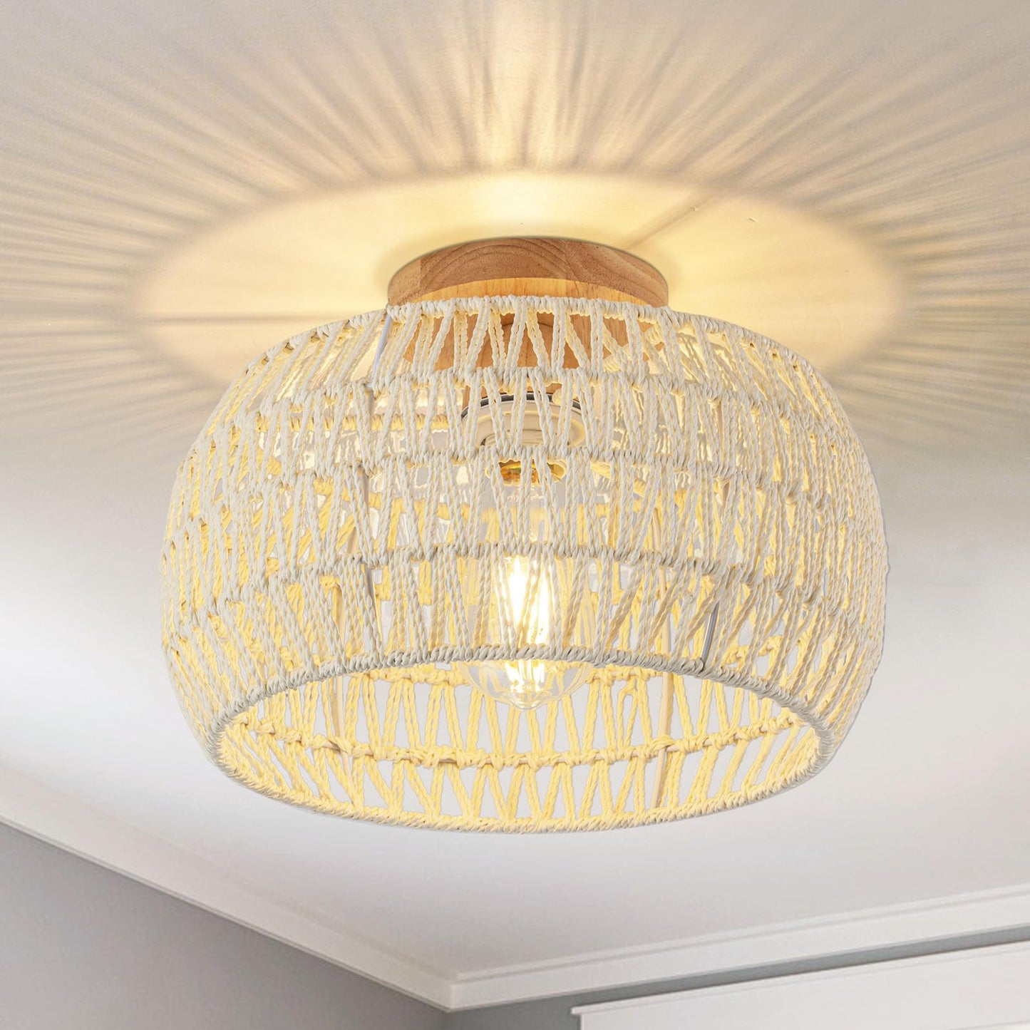 Cream White Rattan Light Fixtures,Boho Ceiling Light Chandelier,Rattan Flush Mount Ceiling Light Hand-Woven Lamp Shade Small Chandelier Light for Bedroom Kitchen Entryway Chandelier Nursery Light