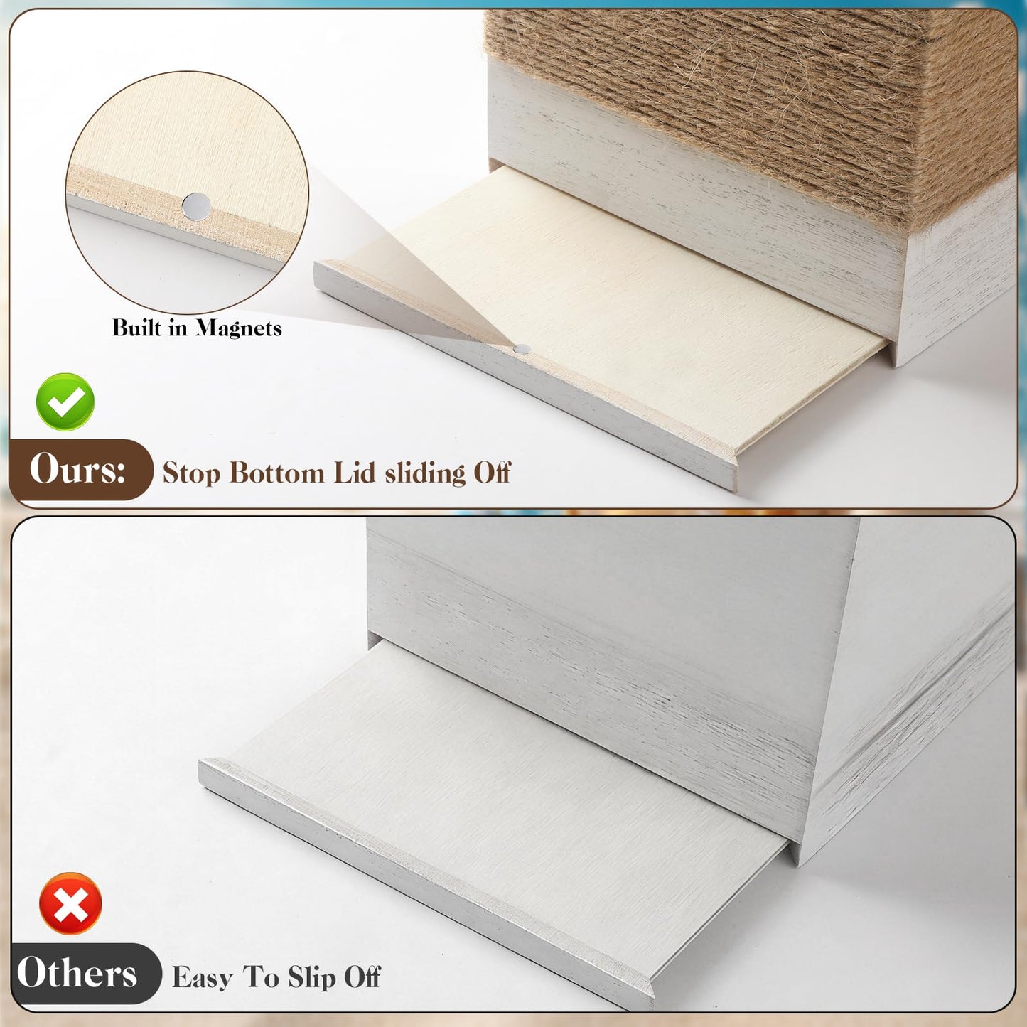 2 Pack Beach Rustic White Wood Square Tissue Box Cover with Slide-Out Bottom Panel - Beach Bathroom Decor Tissue Box Holder with Starfish for Living Room, Desk, Bedroom, Bathroom