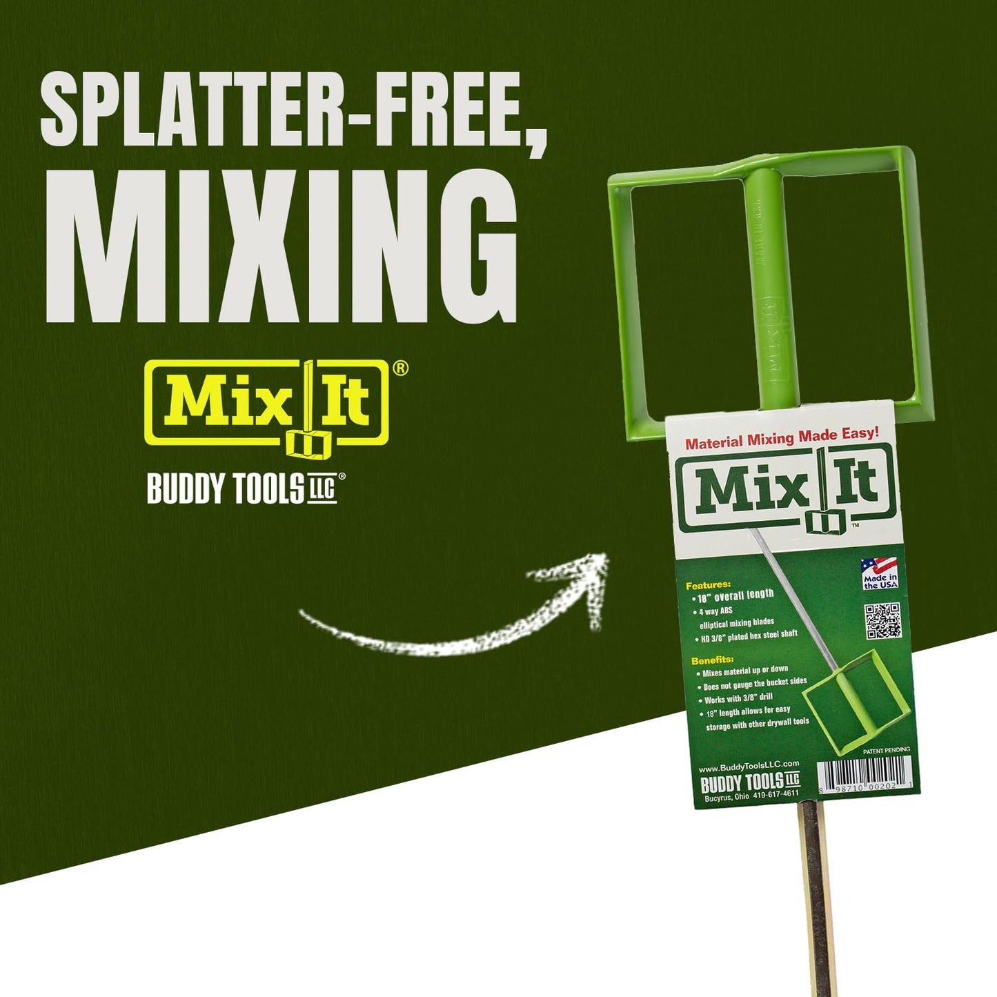 Buddy Tools Mix It, 20" Length – Mud Mixer with Durable ABS Paddle – Efficient Paint Mixer for Drill – Easy-to-Use & Rust-Resistant Mixing Paddle for Mud, Paint, and More