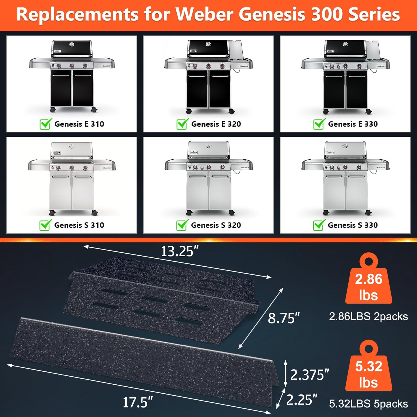 QuliMetal 17.5 Inch Flavorizer Bars and Heat Deflectors for Weber Genesis 300 Series Grill with Front Control Knob, Genesis E310 E320 E330 S310 S320 S330, Porcelain Steel Parts for Weber 7620 7621