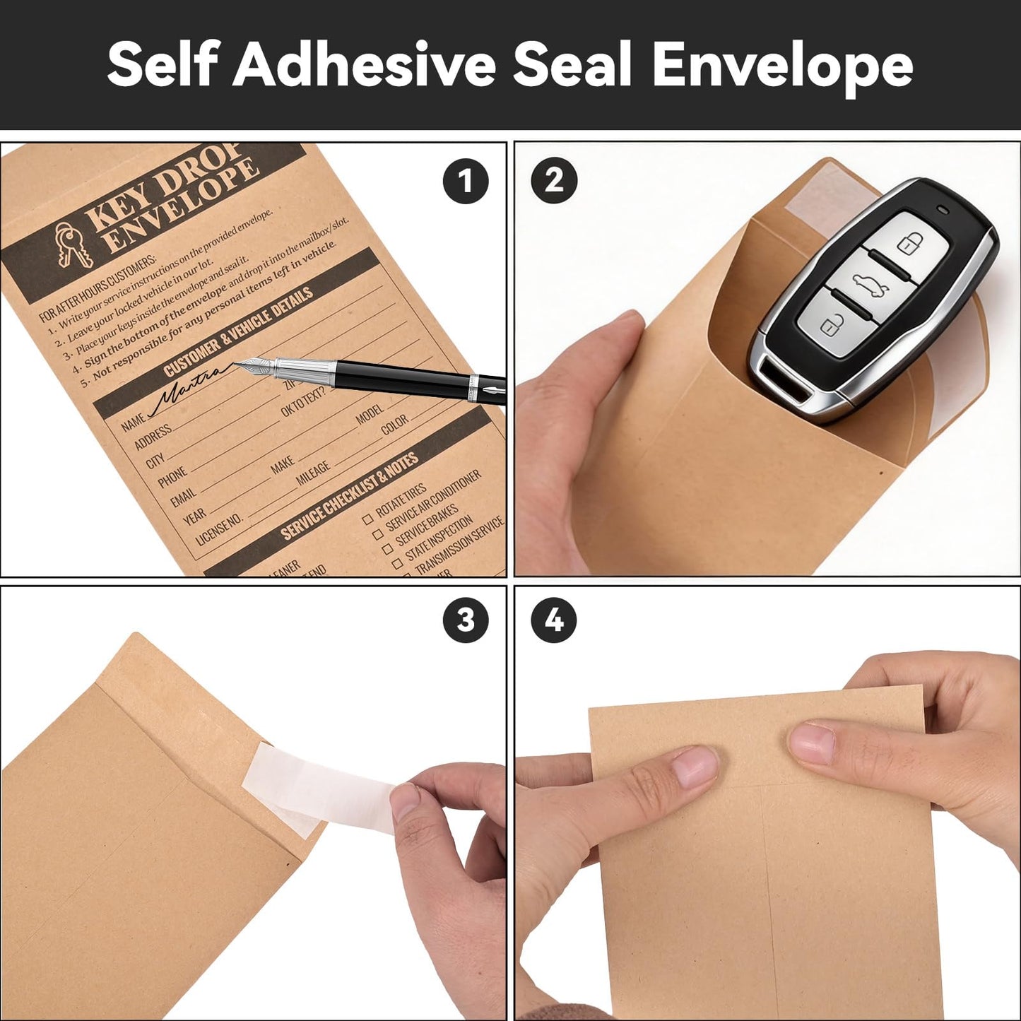500-Count Key Drop Envelopes for Auto Shop Repair & After Hours Service, #10 Self Adhesive 28lb Brown Kraft Paper, Ideal for Overnight Service Drop Box, 4.125 x 9.5 Inches(horizontal)