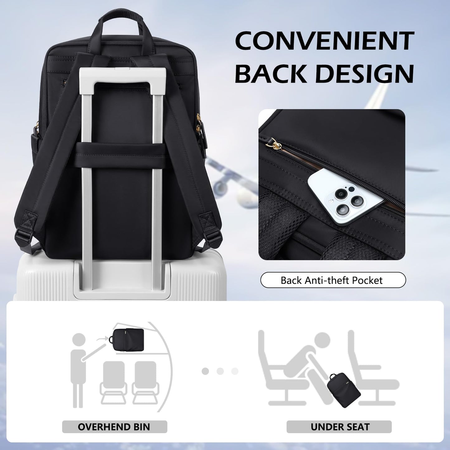 GOLF QUALITY Slim Laptop Backpack for Women, Lightweight Business Backpack for Women Computer Bag Purse for Commuting, Fit 17.3 Inch, Black