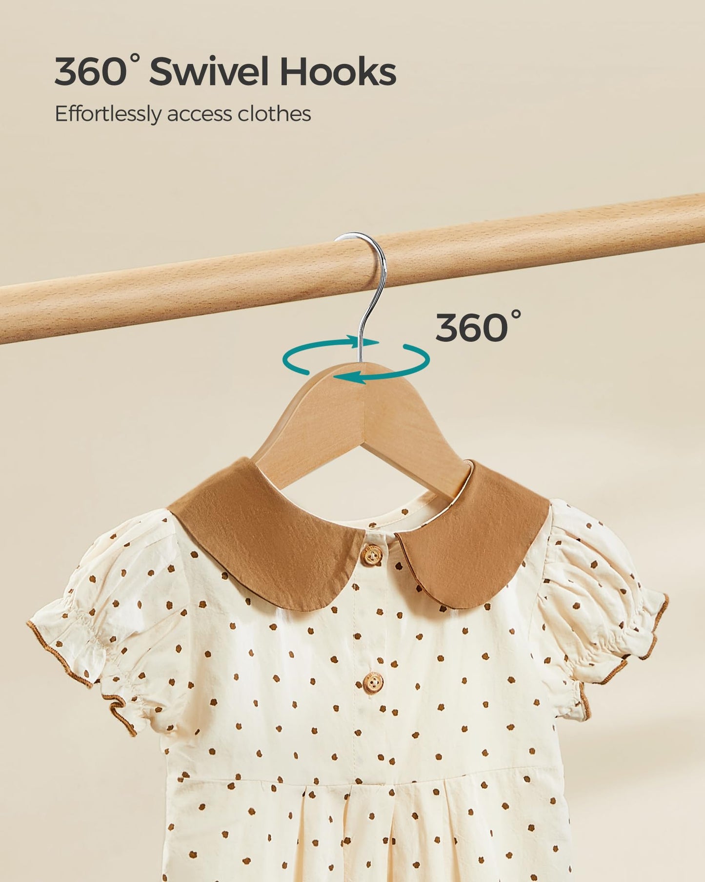 SONGMICS Kids Wooden Hangers 20 Pack, Solid Wood Baby Hangers, Children's Coat Hangers with Pants Bar, Shoulder Notches, Swivel Hooks, 12.6 x 7.5 Inches, Natural and Silver UCRW06NL