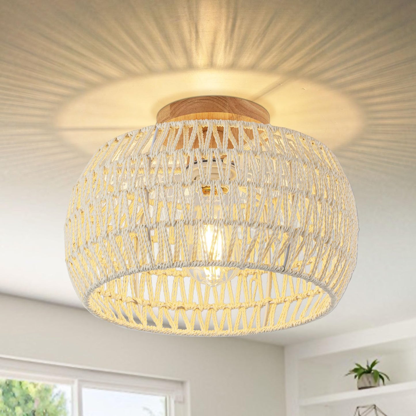 Cream White Rattan Light Fixtures,Boho Ceiling Light Chandelier,Rattan Flush Mount Ceiling Light Hand-Woven Lamp Shade Small Chandelier Light for Bedroom Kitchen Entryway Chandelier Nursery Light