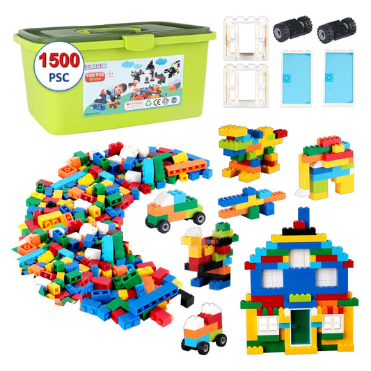 BRUVISH Building Bricks 1500 Pieces, Basic Classic Building Blocks 10 Random Colors, 8 Shapes, 1500Pcs Bulk Building Bricks for Kids Age 6+, Compatible to All Major Brands