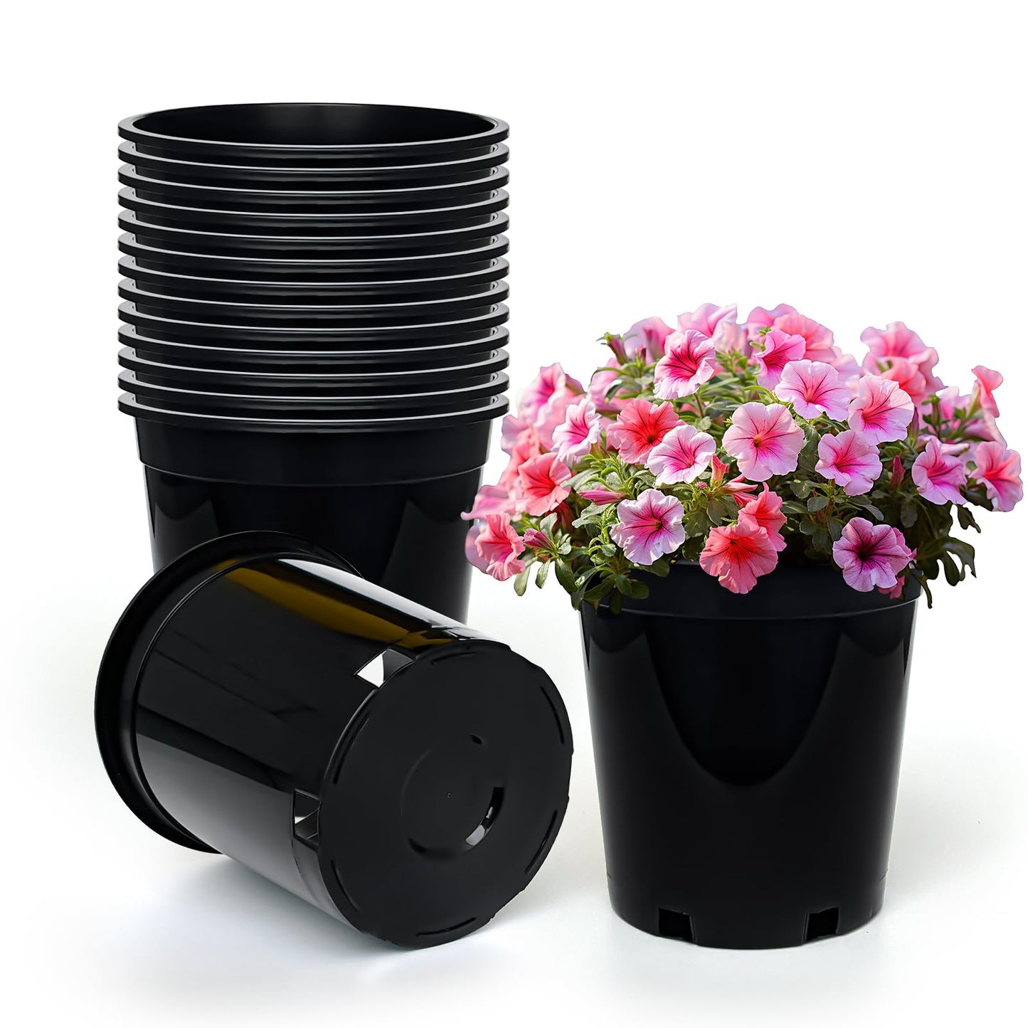 1.5 Gallon Plastic Nursery Pots, 7.5 Inch Round Plant Pots with Drainage Holes, 15 Pack Flower Pots for Outdoor Indoor Plants, Flowers, Black