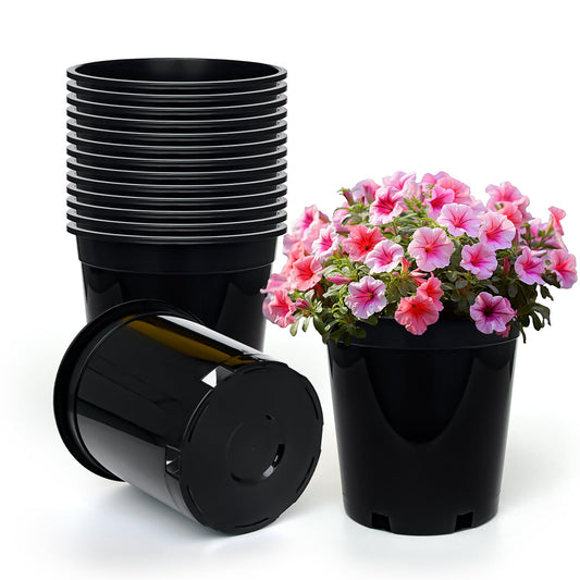 1.5 Gallon Plastic Nursery Pots, 7.5 Inch Round Plant Pots with Drainage Holes, 15 Pack Flower Pots for Outdoor Indoor Plants, Flowers, Black