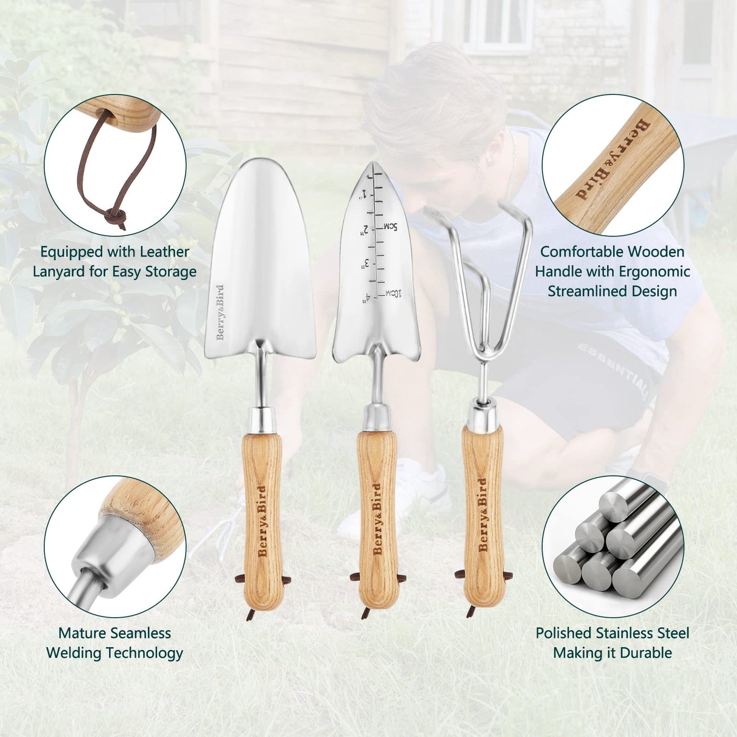 Berry&Bird Garden Tool Set, 3 PCS Stainless Steel Heavy Duty Gardening Tool Kit Includes Hand Trowel, Transplanter and Hand Cultivator with Ash Wood Handle for Transplanting Digging Loosening Soil