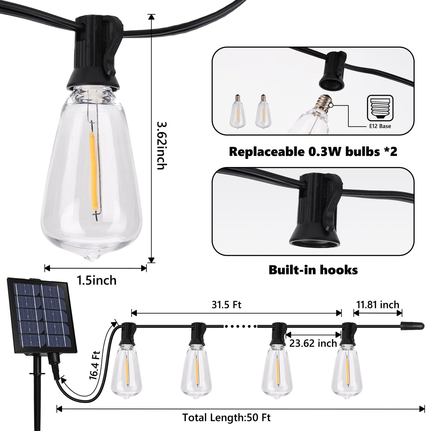 Lomotech Solar String Lights Outdoor Waterproof, 50FT 17+2 LED Shatterproof ST38 Bulbs, Solar String Lights with Remote & Timer, USB & Solar Powered Patio Lights for Outside Backyard Garden Porch