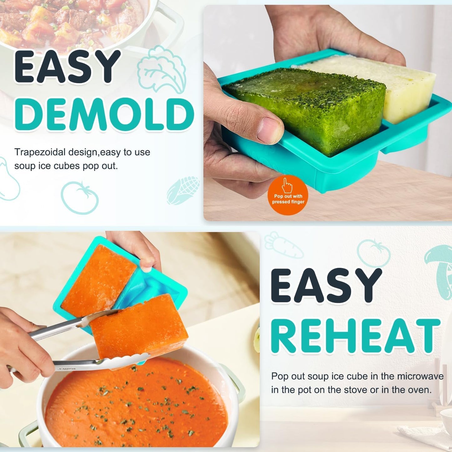 Walfos 1-Cup Silicone Freezer Molds with Lid, 4 Packs Soup Freezer Ice Cube Tray for Food, Silicone Food Freezing Container for Storing and Freezing Soup, Broth, Sauce and Ice.Aqua Color