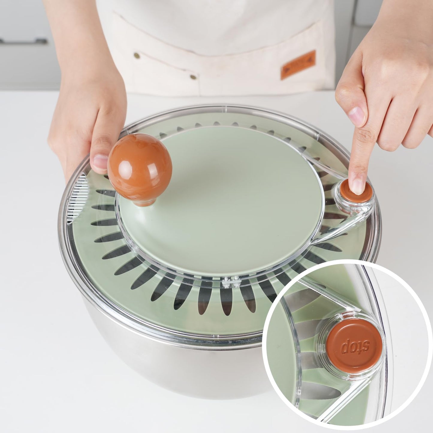 Shatomo Stainless Steel Salad Spinner, 5L Lettuce Spinner with Non-Slip Base, Drain and Stop Button, Fruit and Vegetable Washer and Dryer Spinner