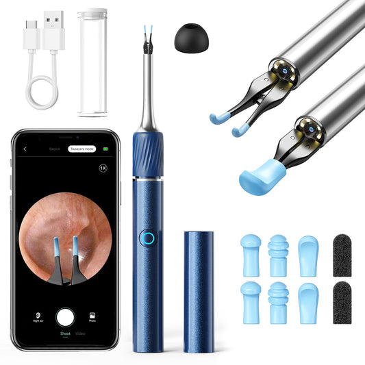 Qimic Ear Cleaner Camera with Tweezers - 1080P Ear Wax Removal with Light and Camera, IP67 Ear Camera, Ear Cleaner with Flexible Tweezers, Ear Camera Otoscope for iPhone, Android(Blue)