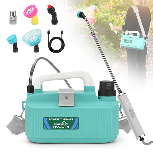 BlumWay Battery Powered Sprayer 1.35 Gallon, Powerful Electric Sprayer with 5 Mist Nozzles, Rechargeable Handle, 4000mAh, Garden Sprayer with Adjustable Shoulder Belt for Lawn/Garden