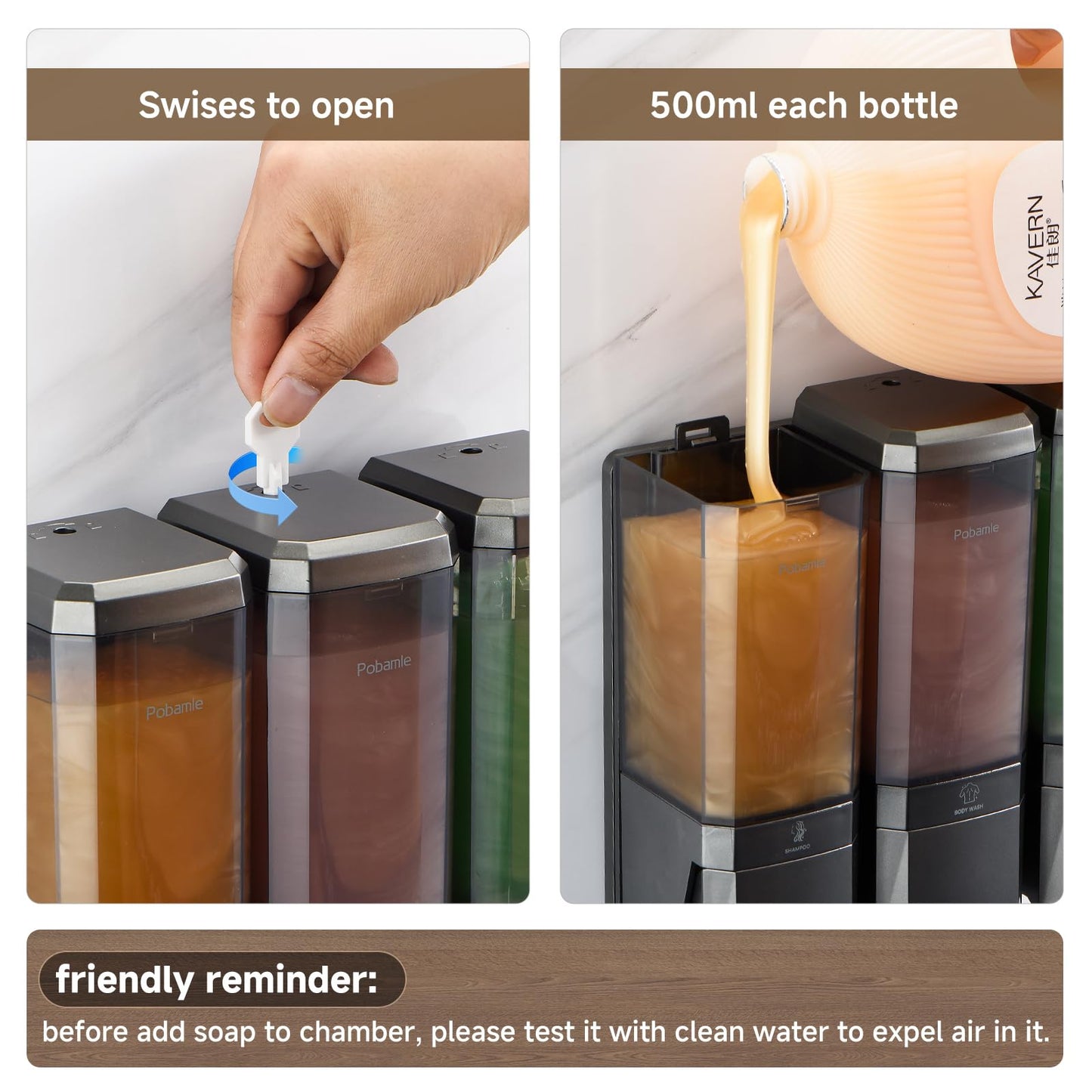 Shampoo and Conditioner Dispenser Wall Mounted, Shower Soap Dispenser No Drill Upadate Easy Slot Install, Shampoo Dispenser for Shower Bathroom Large Capacity 500ml * 3 Chamber Holder Gungray