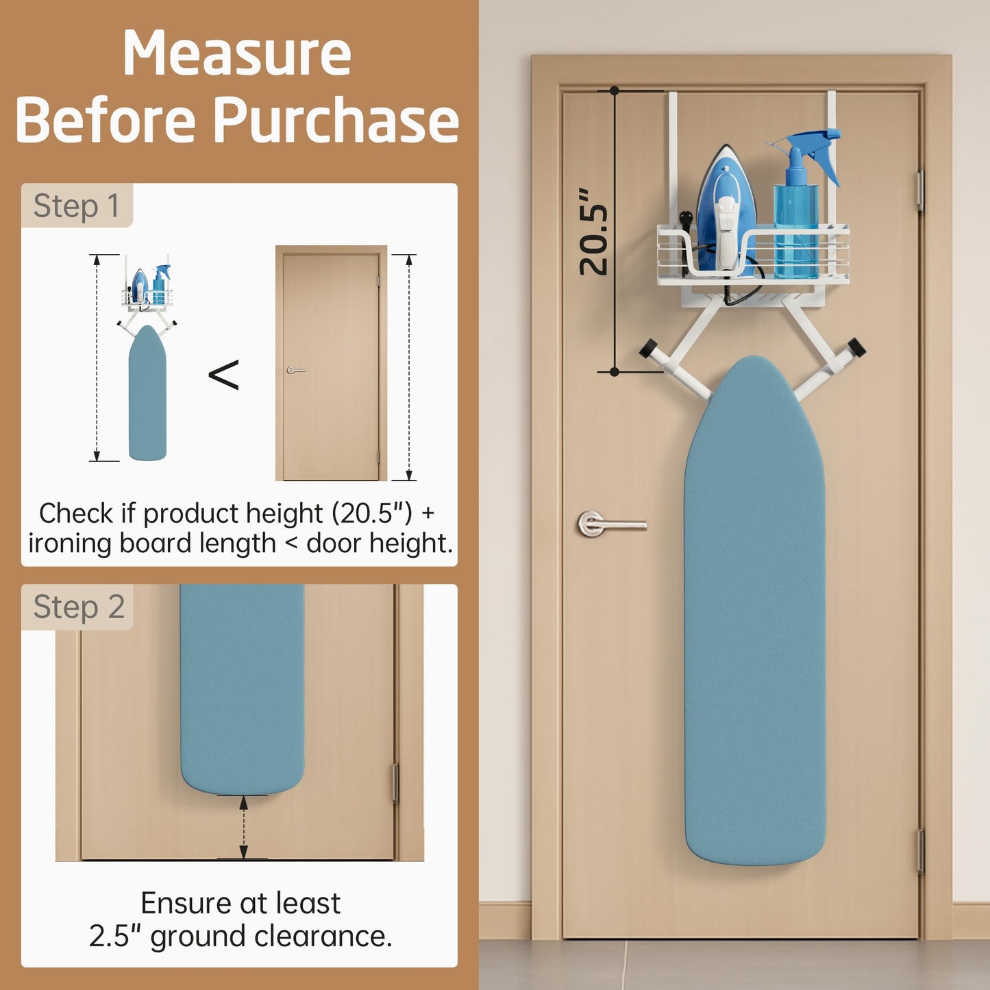 KES Over The Door Ironing Board and Iron Hanger, White Ironing Board Holder Fit for 1 3/4 Doors, Behind Door Hanger with Hooks Storage Y or T Shape Iron Board, HIR501B-WH