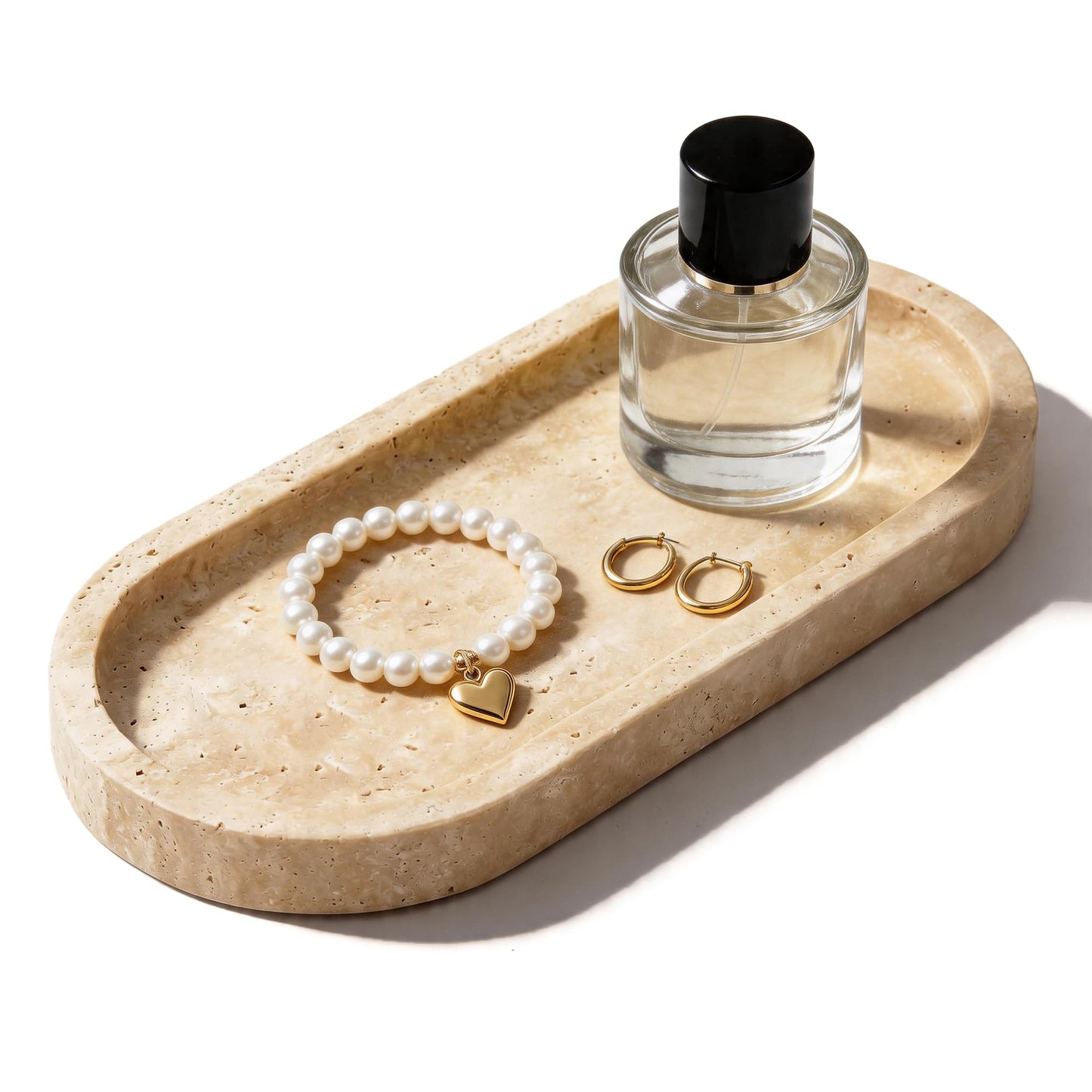 WORHE Italy Natural Travertine Stone Tray for Jewelry, Candles, Perfume, Trinket, Marble Oval Vanity Trays for Bathroom, Dresser, Kitchen, Countertop Storage Organizer Home Decor Beige (WH028)