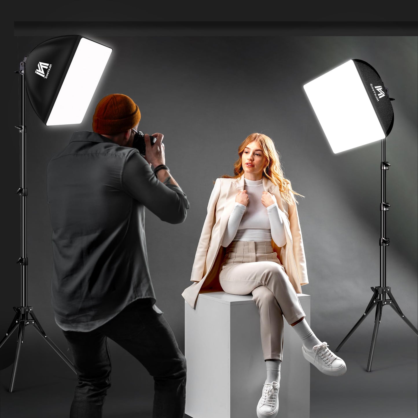 Softbox Lighting Kit, 16'' x 16'' Softbox Photography Lighting Kit with 63” Tripod Stand &50W / 5400K LED Bulb, Continuous Lighting for Photography/Video Recording/Live Streaming