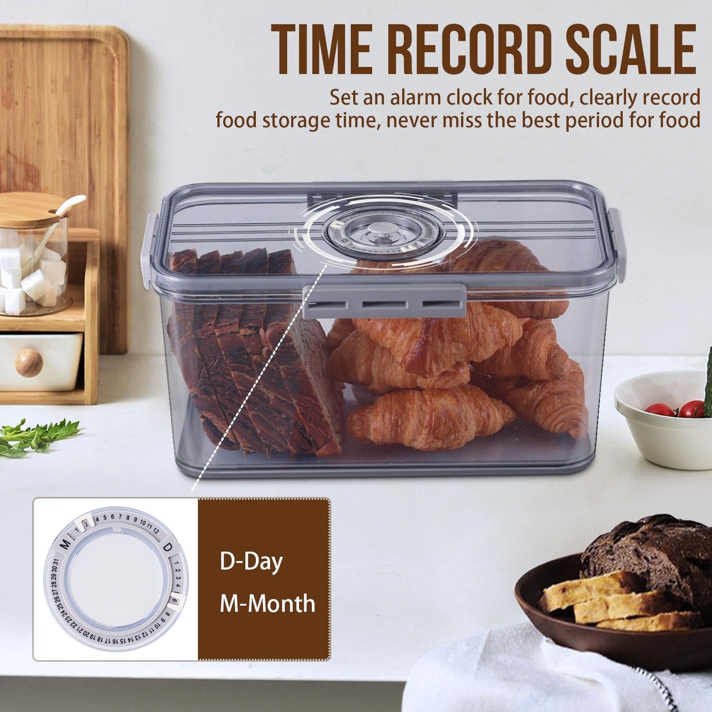 Gifhomfix Bread Box Bread Boxes for Kitchen Counter Airtight, Time Recording Bread Storage Container with Lid, Bread Keeper for Homemade Bread, Toast, Bagel, Donut and Cookies, LARGE