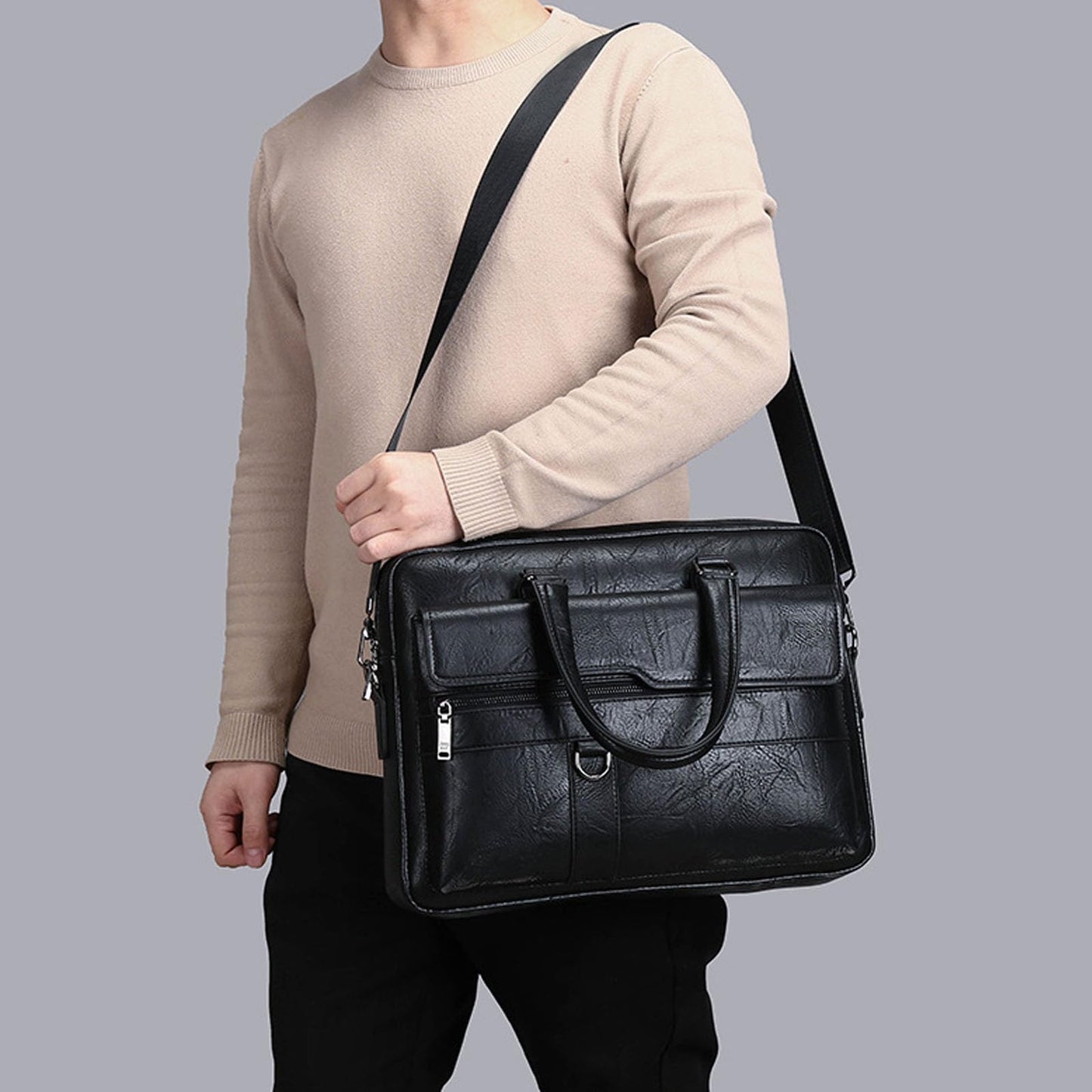 leather Laptop Bag for Men 16.1 inch,Premium Laptop Briefcase Fits,onvertible Computer Handbags Shoulder Crossbody Bag (Black)