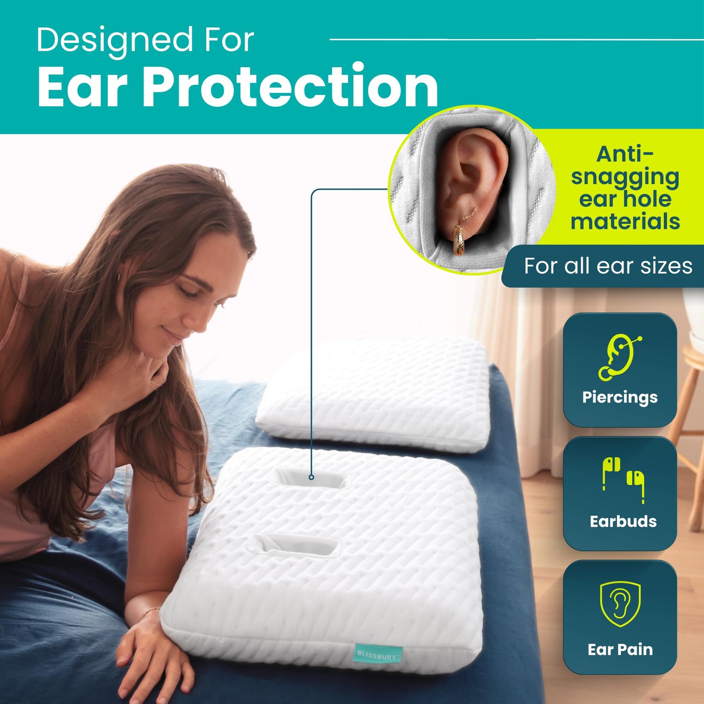BLISSBURY Ear Pillow with Ear Hole for Sleeping with Sore Ear Pain | Piercing Pillow | Adjustable Memory Foam Pillow with Holes for chondrodermatitis CNH | Ear Piercing Protection | Support earplugs