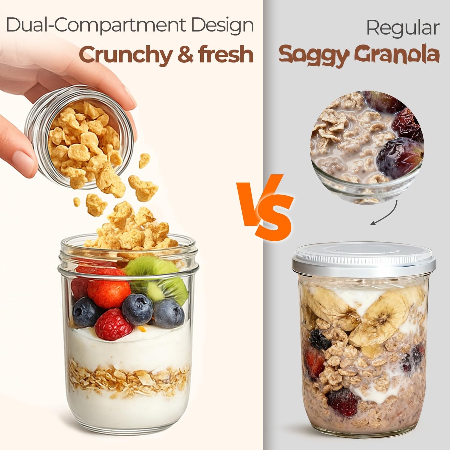 ComSaf Overnight Oats jars with Lids （16oz+4oz 6Pcs）, Dual-Laryer Chia Pudding Jars with Dry and Wet Separation, Yogurt Parfait Contianer for Oatmeal Cereal Nut Fruit, Meal Prep Glass Jars for Salad