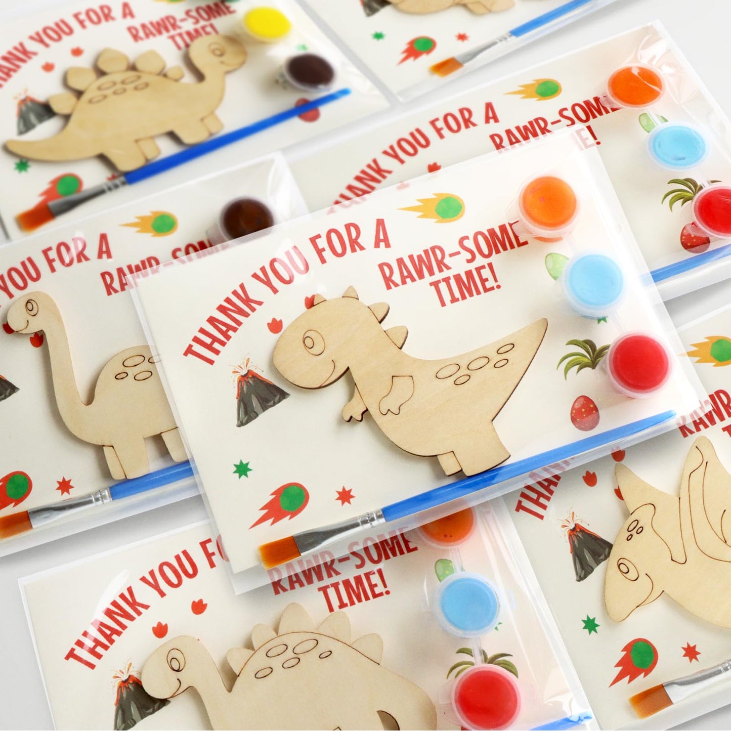 12-Pack Pre-Packaged Dinosaur Party Favors for Kids, Wooden Dinosaur Cutouts with Magnets & Painting Kits, Thank You Gifts for Guests, Dino Theme Birthday Party Decorations