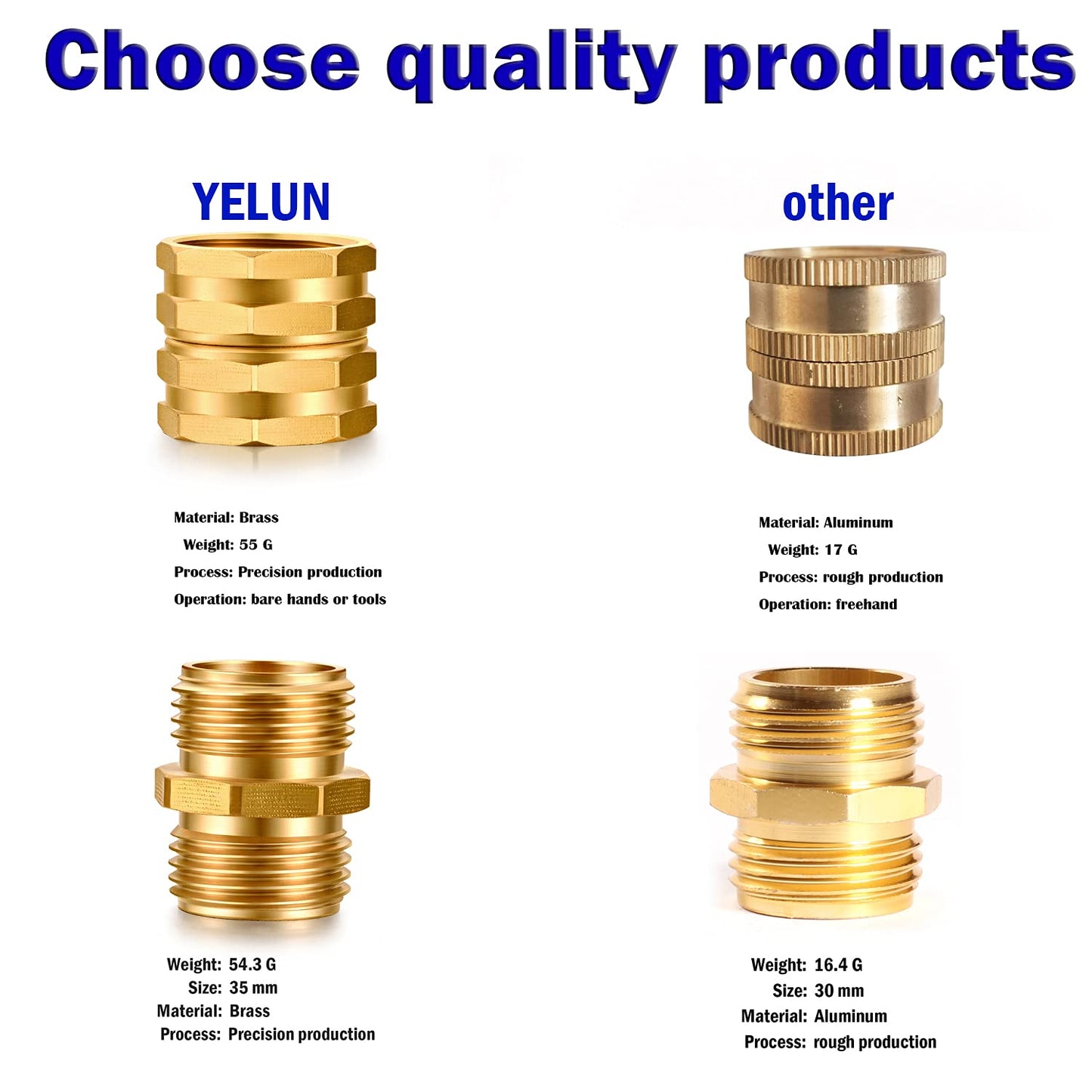 YELUN Solid brass Garden Hose Fittings Connectors Adapter Heavy Duty Brass Repair Male, Female faucet leader coupler dual water hose connector (3/4" GHT Double Male Double Female 12 Pcs)