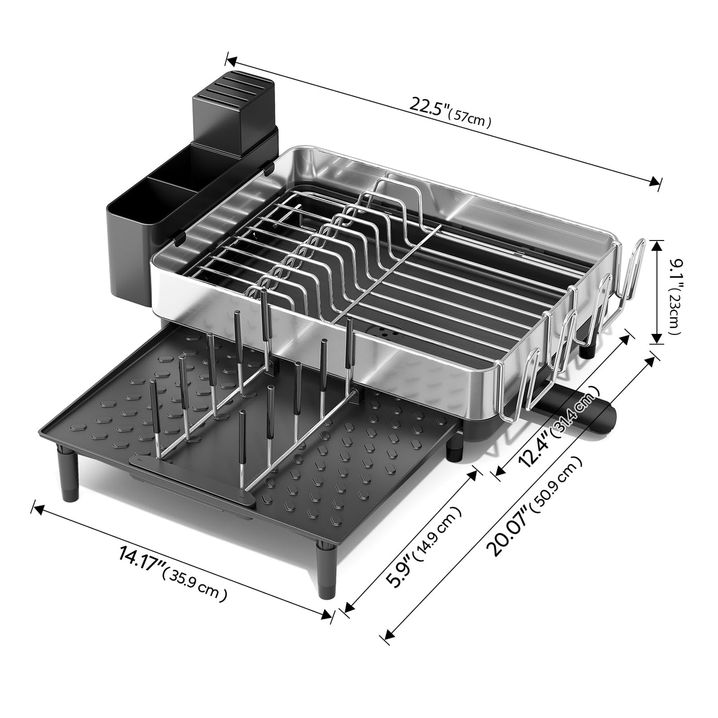 Expandable Dish Rack with Drainboard - Stainless Steel Dish Drainer with Removable Cutlery Tray, Foldable Cup Holder, Elevated Feet, Multifunctional Drainboard for Sink Countertop Kitchen Storage