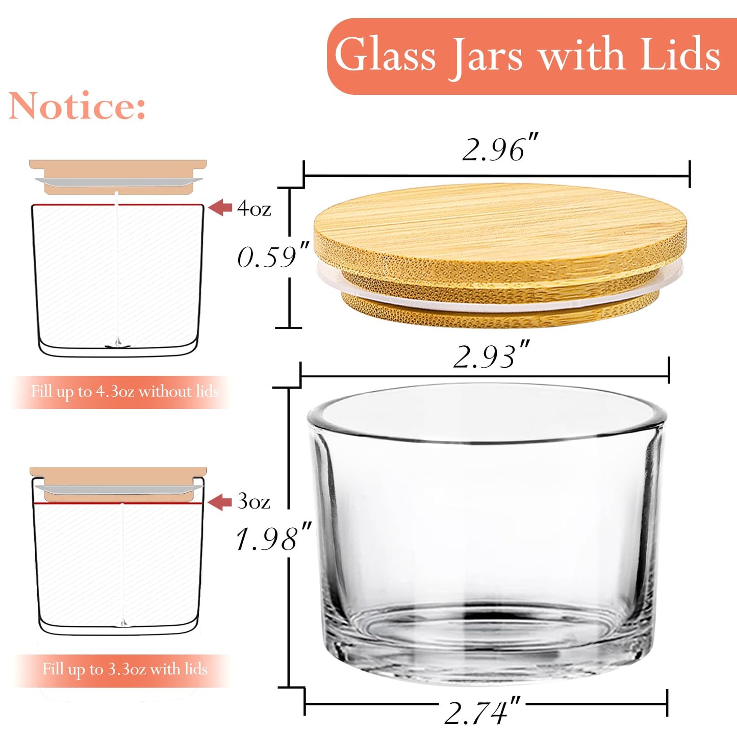 CONNOO 15 Pack 4oz Clear Glass Candle Jars with Bamboo Airtight Lids for Candle Making, Large Mouth Empty Small Jars with Labels