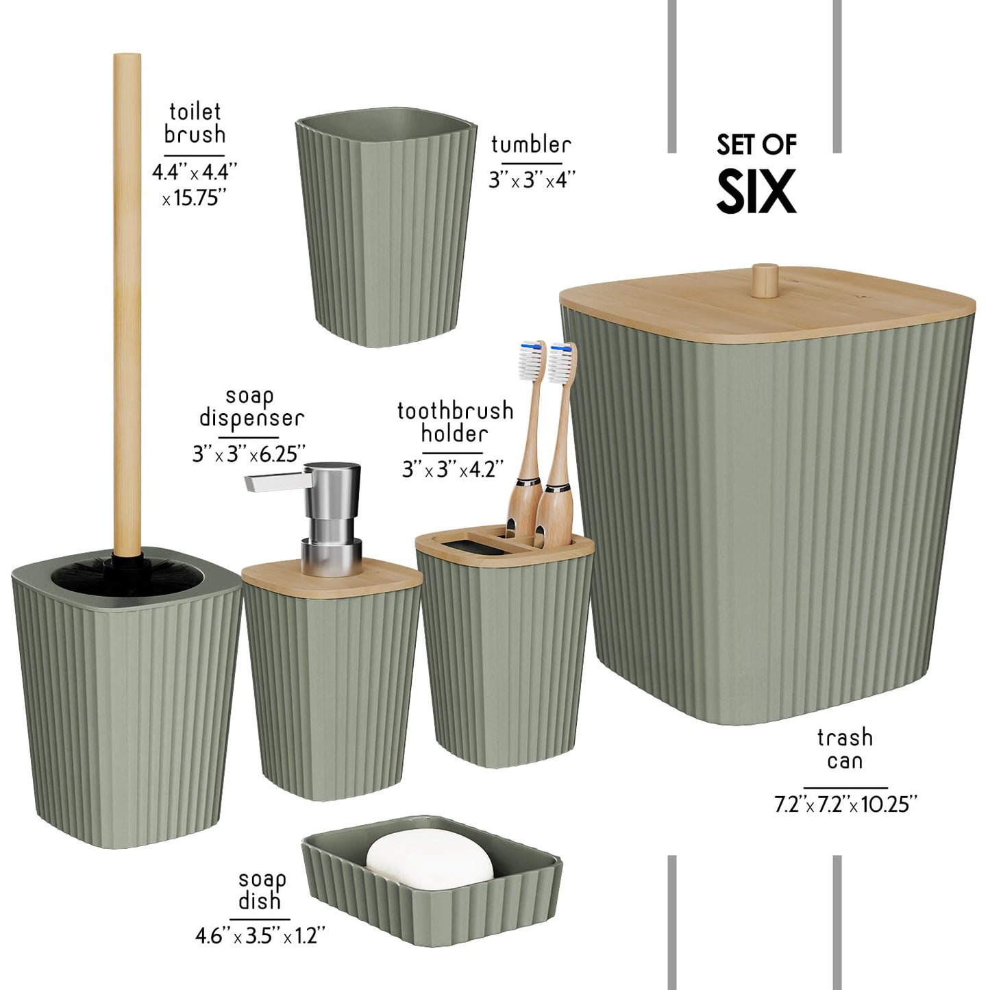 Clara Clark Bathroom Set - Sage Green Bathroom Accessories Set, 6PC Bathroom Accessory Set, Bathroom Sets with Toilet Brush, Trash Can & Soap Dispenser