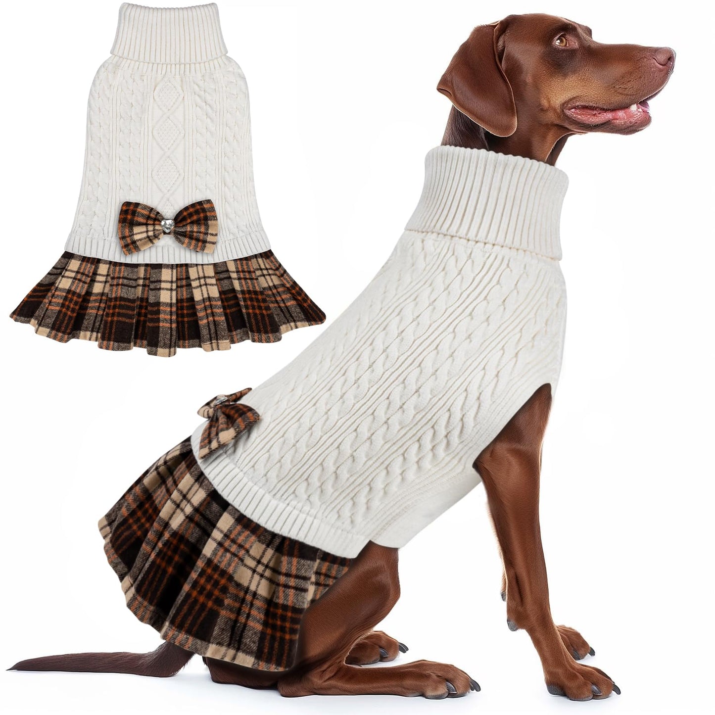 KYEESE Dog Sweater Pullover Dog Sweaters for Large Dogs Soft Turtleneck Pet Sweater Dress with Bowtie Warm Comfy Pet Coats Thick Dogs Clothes, White, XXX-Large
