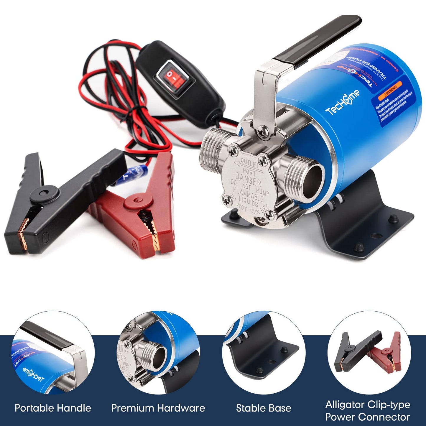 TecHome 12V Water Pump, 1/10 HP 330GPH Water Transfer Pump, Portable Electric Utility Transfer Pump, with ON/Off Switch and Suction Hose Kit.