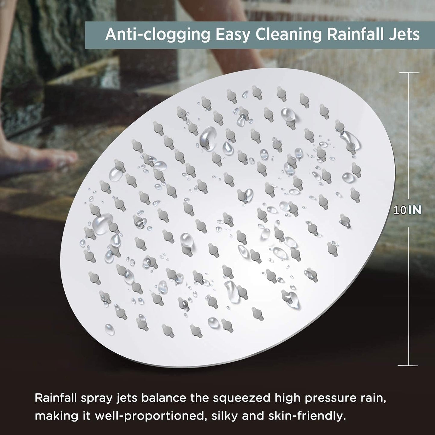 Rainfall Shower Head, 10'' Round Stainless Steel Rain Shower Heads with Anti-Limescale Nozzles Waterfall ShowerHead, Ultra-Thin Desigh Shower Rain Head with Adjustable Angles