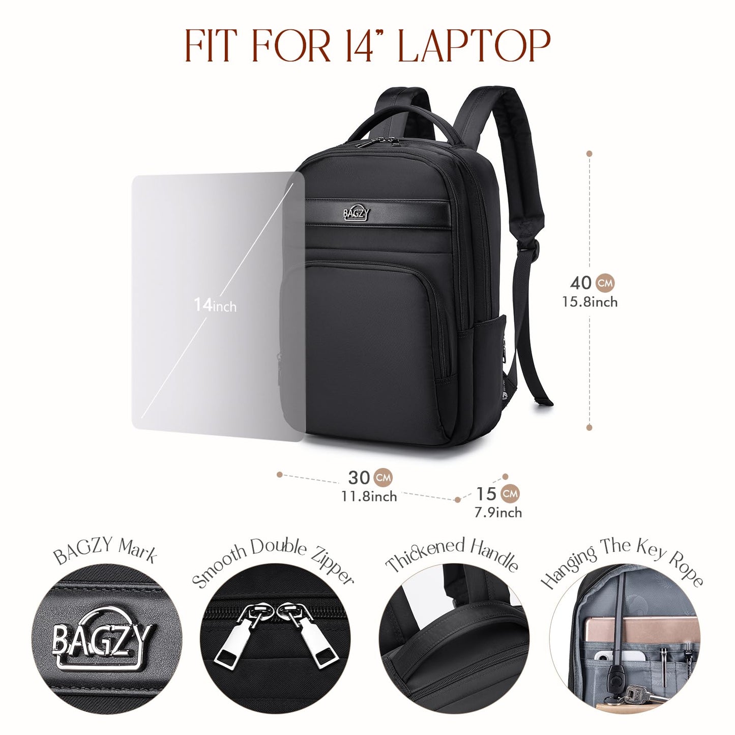 BAGZY 40x30x15cm Personal Item Carry On Backpack, Flight Approved Underseat Laptop Bag for 14 inch Notebook, Travel Cabin Luggage Daypack Black