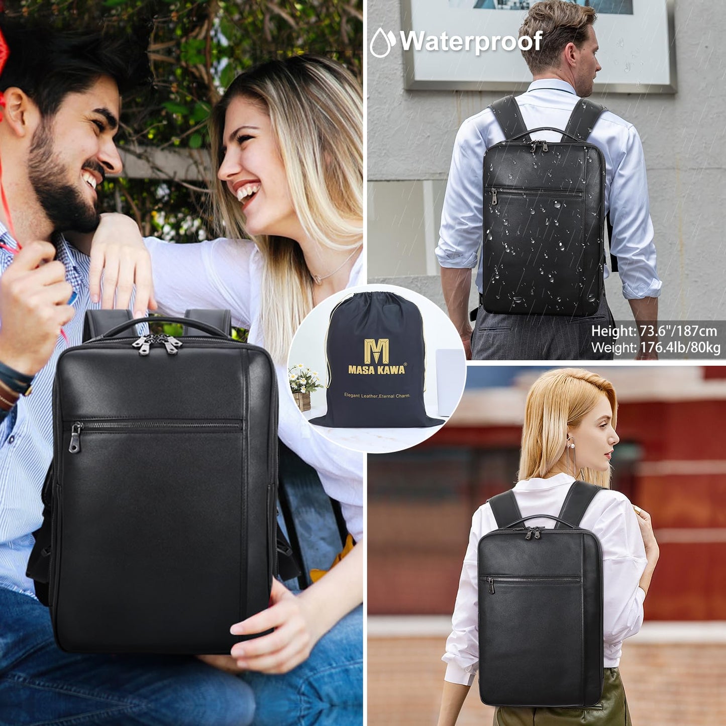 Masa Kawa Slim Genuine Leather Business Backpack for Men Women 15.6" Laptop Bag Office Work Travel Small Thin Computer Casual Daypack, Black