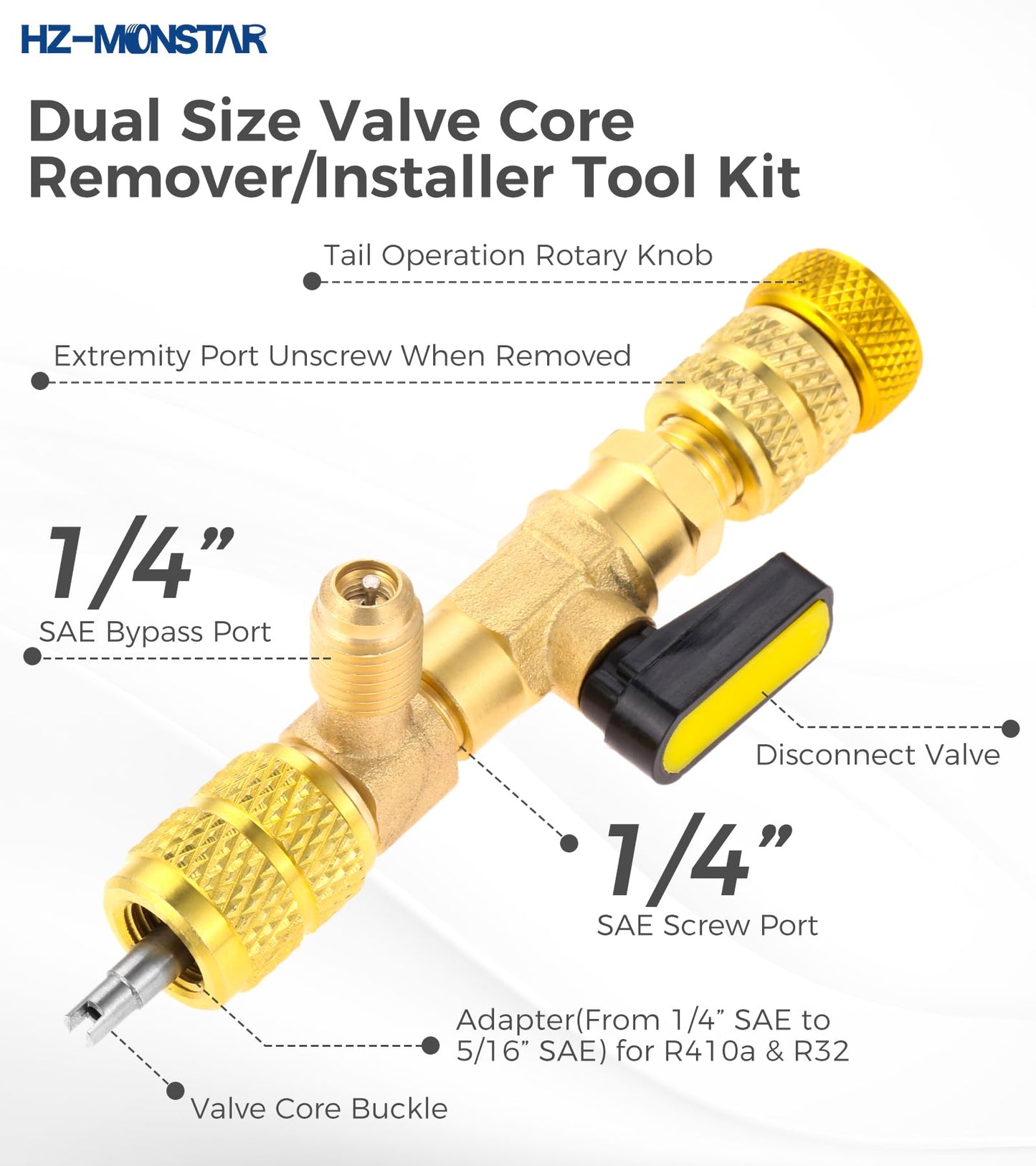 R410A R22 Valve Core Remover Installer Tool kit with Dual Size 1/4" & 5/16" Port, R410A R134A HVAC Angled Shut-Off Ball Valve Adapter 1/4" SAE for A/C R12 R22 R502 Charging Hose AC Refrigerant Tool