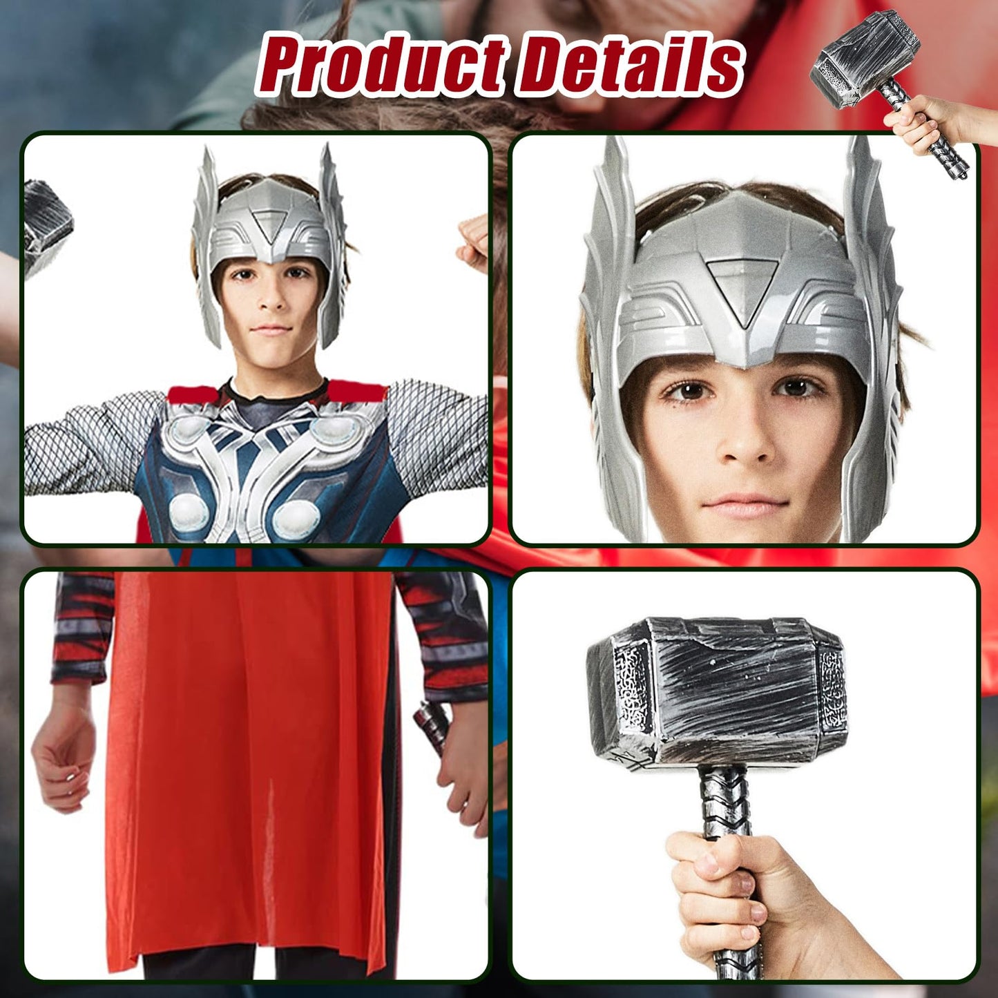 Puppyhao Super Hero Costume Kids Muscle Suit Deluxe 4Pcs SuperHero Mask Jumpsuit Cape Hammer Fun Halloween Cosplay Costume