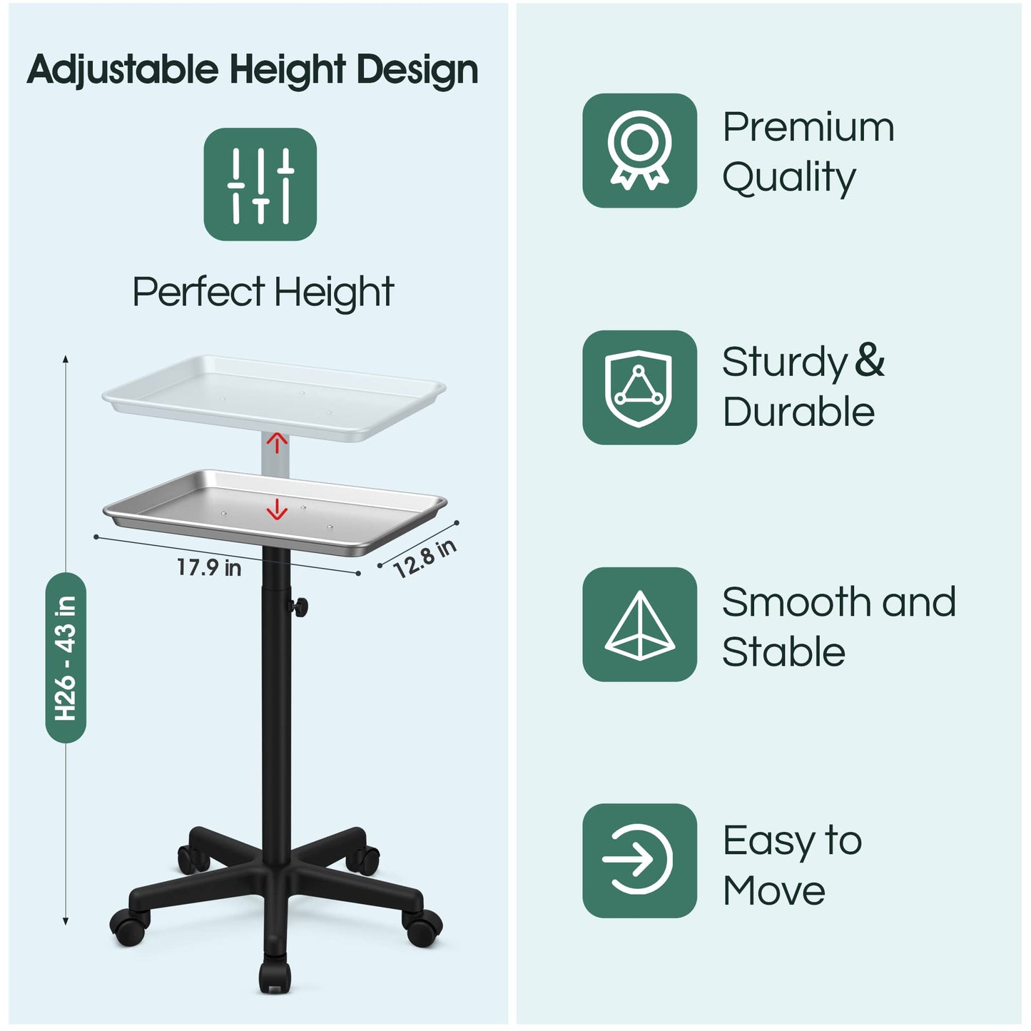 Premium Aluminum Instrument Salon Tray Tattoo Rolling Tray Station-Silver