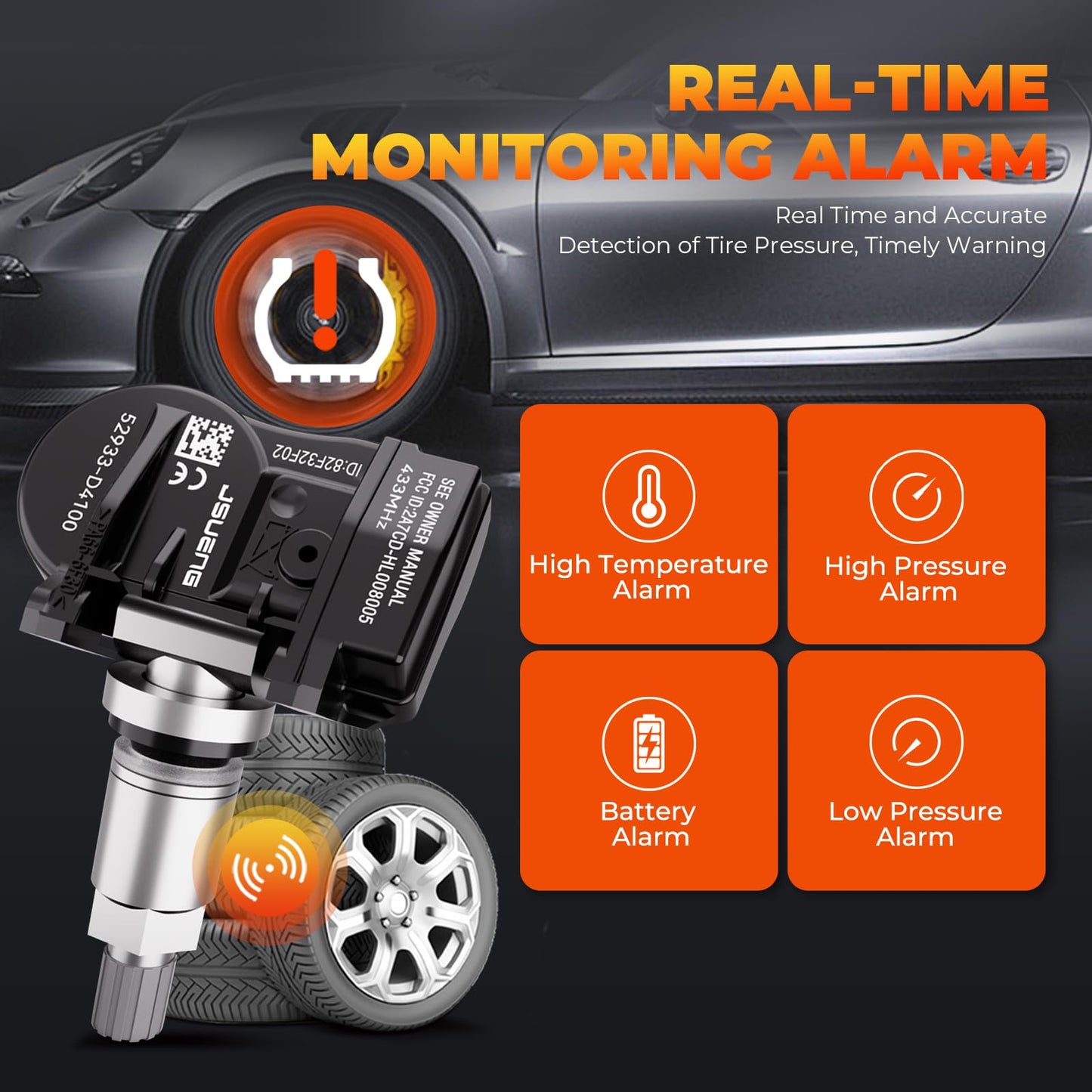 TPMS Sensor, 433MHZ Tire Pressure Monitoring Sensor fit for Hyundai Sonata Veloster Kona Elantra, fit for Kia Niro Soul, Pre-Programmed TPMS Sensor Replaces 52933-D4100 52933F2000 52933D9100 4 Pack