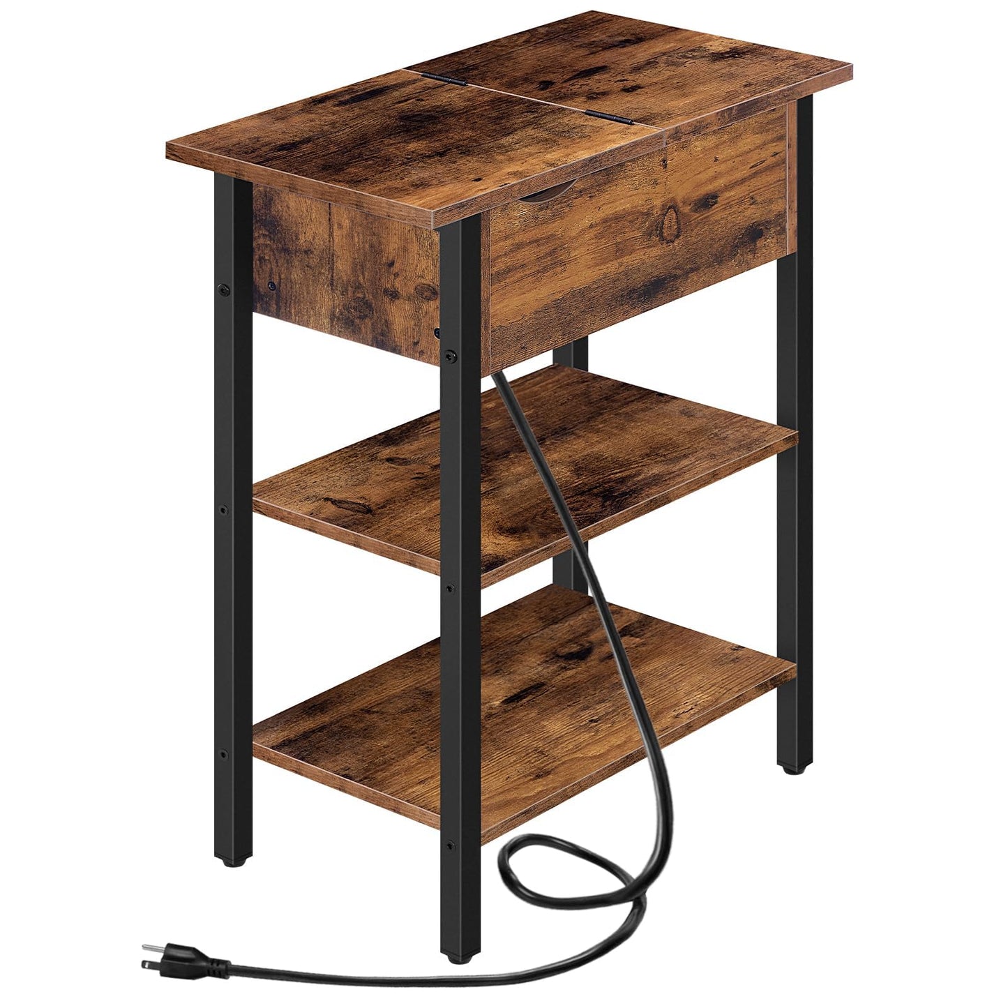 HOOBRO Side Table, Flip End Table with Charging Station and Shelves, USB Ports & Power Outlets, Narrow Nightstand for Small Spaces, Stable and Sturdy, for Living Room, Bedroom, Rustic Brown BF341BZ01