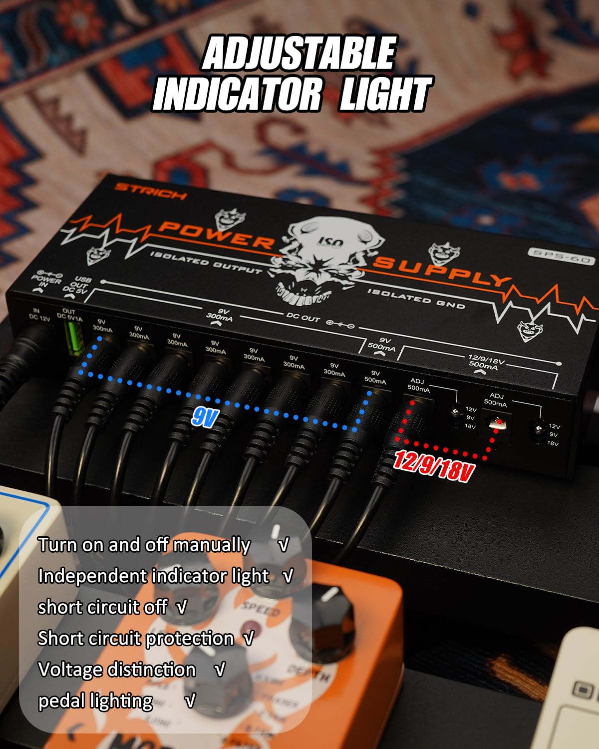STRICH SPS-60 Guitar Pedal Power Supply, 10 Totally Independent DC Outputs Pedal Board Power Supply for 9V/12V/18V (300mA/500mA) High Power for Power High-current Effect Pedal, Noiselessly