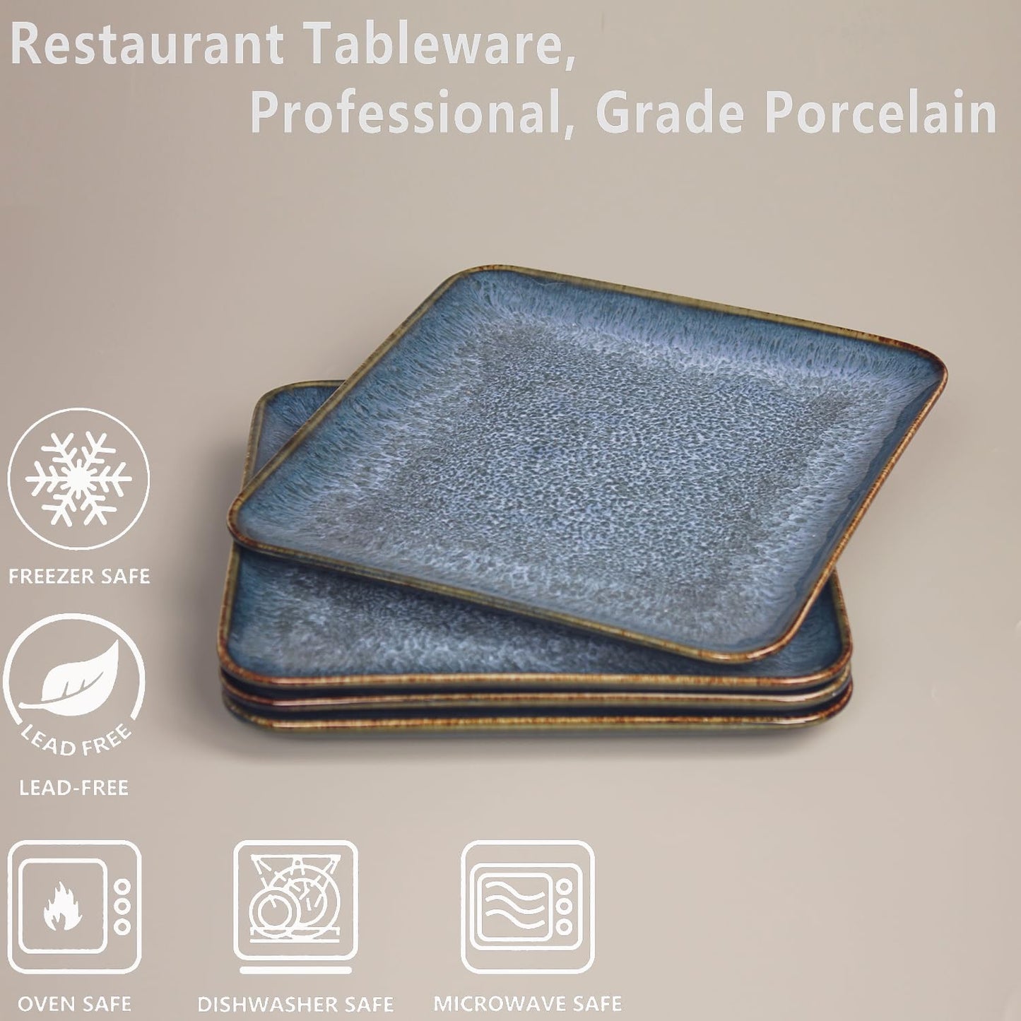 jinsongdafa 4-piece ceramic dinner plate set, suitable for steak, pasta and pizza, microwave- and dishwasher-safe, scratch-resistant, blue 9-inch square dinner plate