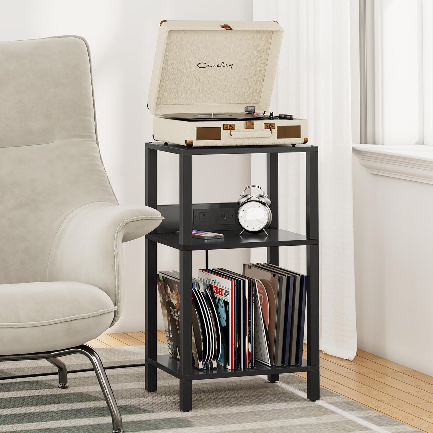 TUTOTAK Record Player Stand with Storage Up to 100 Albums，Record Storage Table,3 Tier End Table with Charging Station,Side Table for Living Room, Bedroom, Black TB01BK076